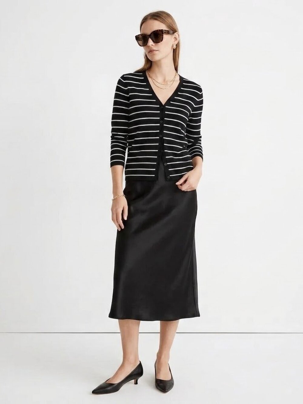 Lauren Ralph Lauren Silk Blend Striped Cardigan | Black Ivory V-Neck Sweater | S